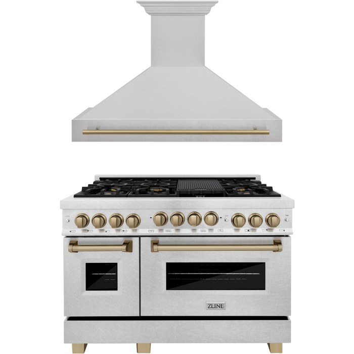 ZLINE Autograph Package - 48 In. Gas Range and Range Hood in DuraSnow® Stainless Steel with Champagne Bronze Accents, 2AKPR-RGSRH48-CB