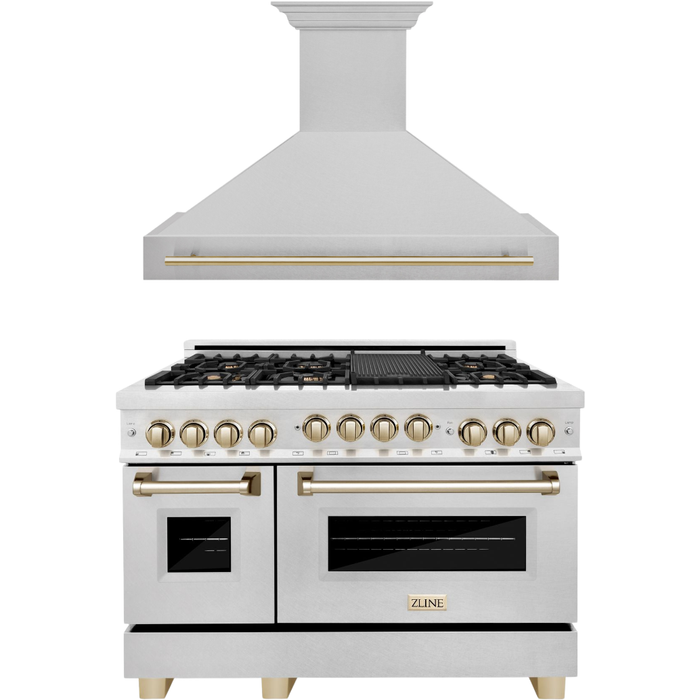 ZLINE Autograph Package - 48 In. Gas Range and Range Hood in DuraSnow® Stainless Steel with Gold Accents, 2AKPR-RGSRH48-G