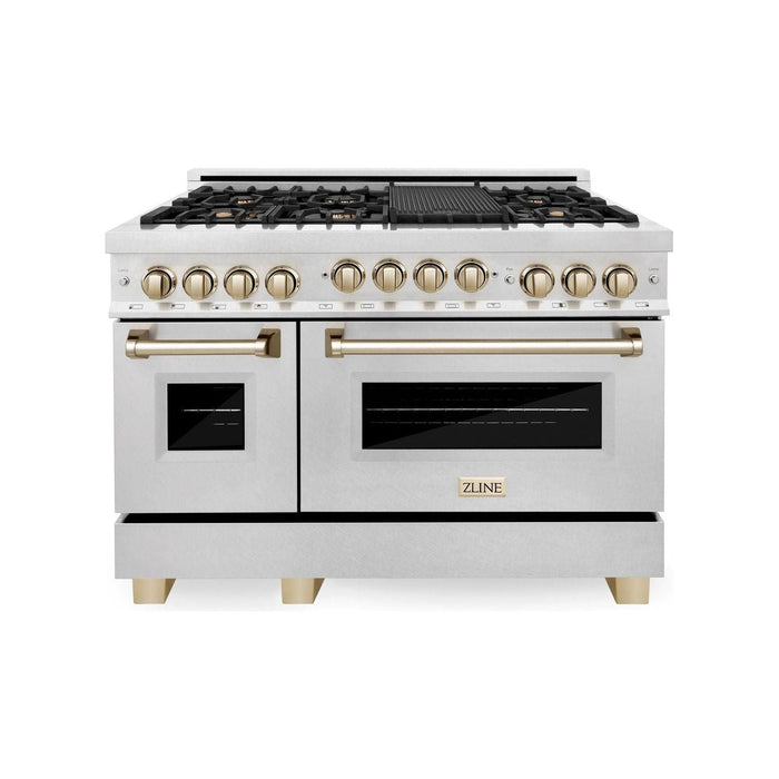 ZLINE Autograph Package - 48 In. Gas Range and Range Hood in DuraSnow® Stainless Steel with Gold Accents, 2AKPR-RGSRH48-G