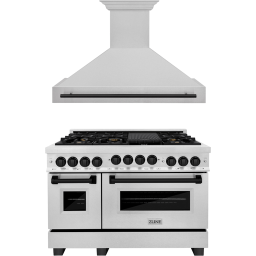 ZLINE Autograph Package - 48 In. Gas Range and Range Hood in DuraSnow® Stainless Steel with Matte Black Accents, 2AKPR-RGSRH48-MB