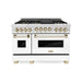 ZLINE Autograph Package - 48 In. Gas Range and Range Hood in DuraSnow® Stainless Steel with White Matte Door and Gold Accents, 2AKPR-RGSWMRH48-G