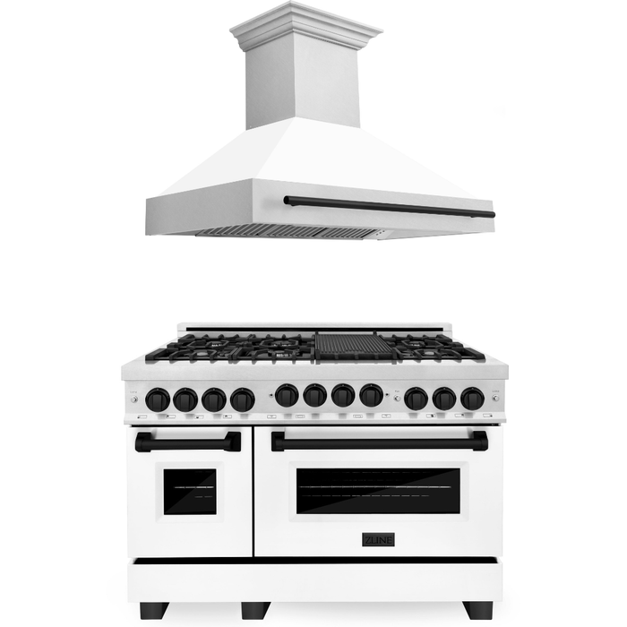 ZLINE Autograph Package - 48 In. Gas Range and Range Hood in DuraSnow® Stainless Steel with White Matte Door and Matte Black Accents, 2AKPR-RGSWMRH48-MB