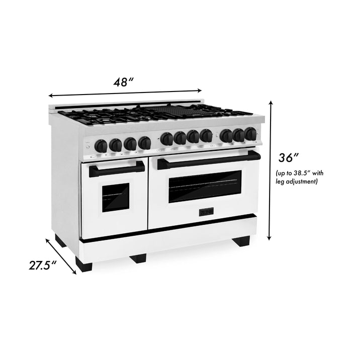 ZLINE Autograph Package - 48 In. Gas Range and Range Hood in DuraSnow® Stainless Steel with White Matte Door and Matte Black Accents, 2AKPR-RGSWMRH48-MB