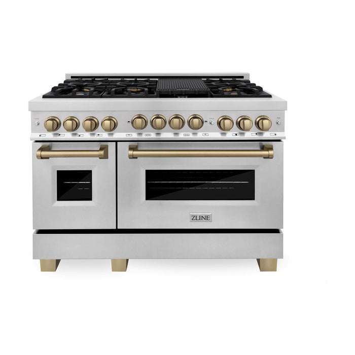 ZLINE Autograph Package - 48 In. Gas Range and Range Hood in Stainless Steel with Champagne Bronze Accents, 2AKPR-RGRH48-CB