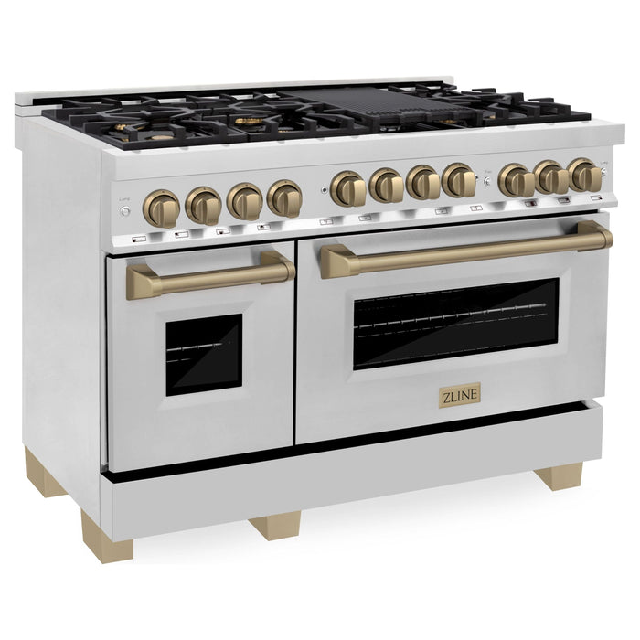 ZLINE Autograph Package - 48 In. Gas Range and Range Hood in Stainless Steel with Champagne Bronze Accents, 2AKPR-RGRH48-CB