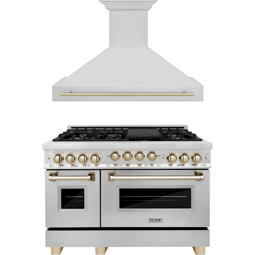 ZLINE Autograph Package - 48 In. Gas Range and Range Hood in Stainless Steel with Gold Accents, 2AKPR-RGRH48-G