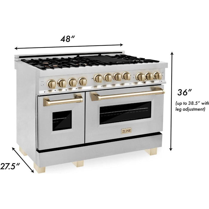 ZLINE Autograph Package - 48 In. Gas Range and Range Hood in Stainless Steel with White Matte Door and Champagne Bronze Accents, 2AKPR-RGWMRH48-CB