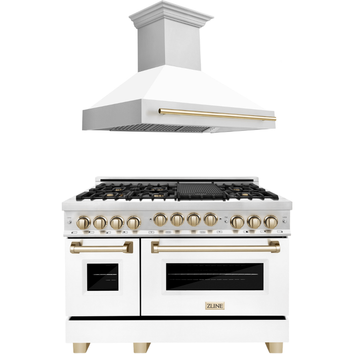 ZLINE Autograph Package - 48 In. Gas Range and Range Hood in Stainless Steel with White Matte Door and Gold Accents, 2AKPR-RGWMRH48-G