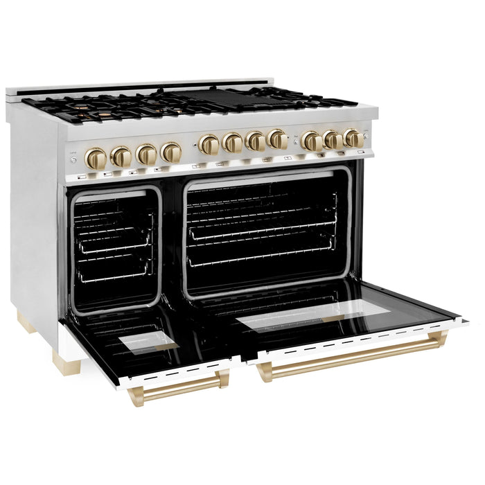 ZLINE Autograph Package - 48 In. Gas Range and Range Hood in Stainless Steel with White Matte Door and Gold Accents, 2AKPR-RGWMRH48-G