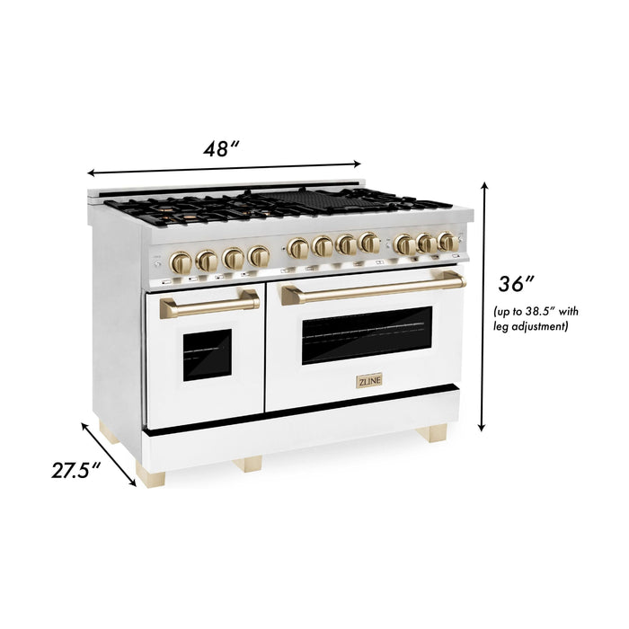 ZLINE Autograph Package - 48 In. Gas Range and Range Hood in Stainless Steel with White Matte Door and Gold Accents, 2AKPR-RGWMRH48-G