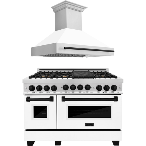 ZLINE Autograph Package - 48 In. Gas Range and Range Hood with White Matte Finish and Matte Black Accents, 2AKP-RGWMRH48-MB