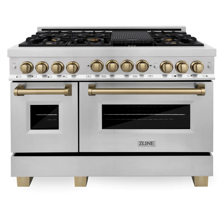 ZLINE Autograph Package - 48 in. Gas Range, Range Hood, 3 Rack Dishwasher, Refrigerator with Champagne Bronze Accents - 4AKPR-RGRHDWM48-CB