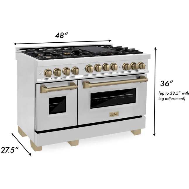 ZLINE Autograph Package - 48 in. Gas Range, Range Hood, 3 Rack Dishwasher, Refrigerator with Champagne Bronze Accents - 4AKPR-RGRHDWM48-CB