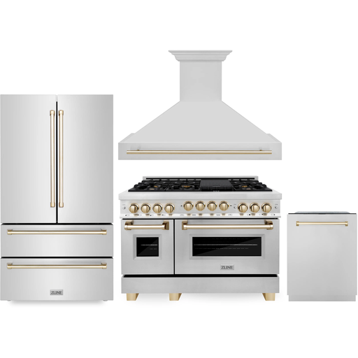 ZLINE Autograph Package - 48 in. Gas Range, Range Hood, 3 Rack Dishwasher, Refrigerator with Gold Accents - 4AKPR-RGRHDWM48-G