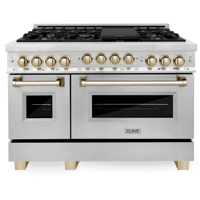 ZLINE Autograph Package - 48 in. Gas Range, Range Hood, 3 Rack Dishwasher, Refrigerator with Gold Accents - 4AKPR-RGRHDWM48-G