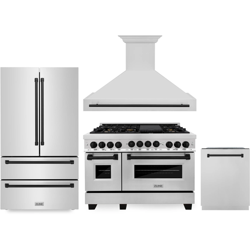 ZLINE Autograph Package - 48 in. Gas Range, Range Hood, 3 Rack Dishwasher, Refrigerator with Matte Black Accents - 4AKPR-RGRHDWM48-MB