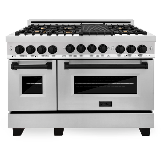 ZLINE Autograph Package - 48 in. Gas Range, Range Hood, 3 Rack Dishwasher, Refrigerator with Matte Black Accents - 4AKPR-RGRHDWM48-MB