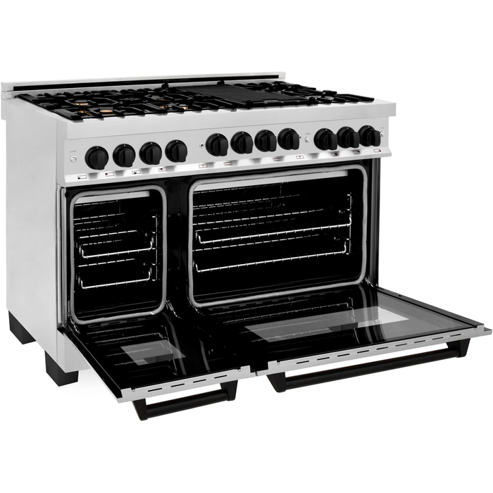 ZLINE Autograph Package - 48 in. Gas Range, Range Hood, 3 Rack Dishwasher, Refrigerator with Matte Black Accents - 4AKPR-RGRHDWM48-MB