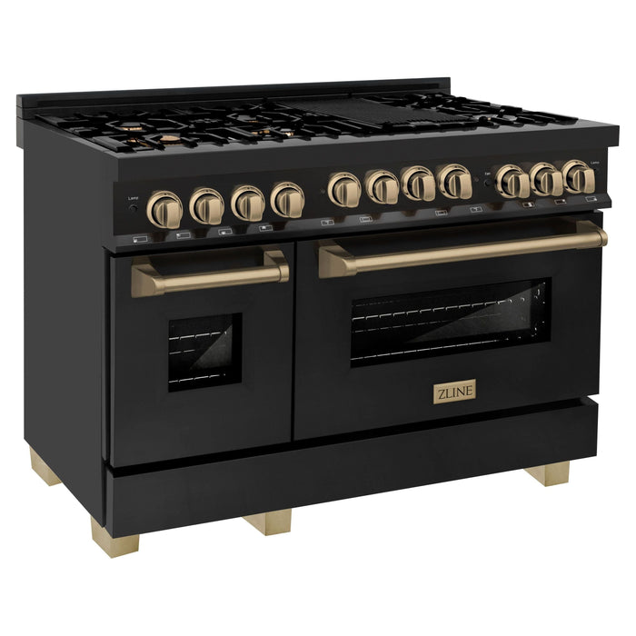 ZLINE Autograph Package - 48 In. Gas Range, Range Hood and Dishwasher in Black Stainless Steel with Champagne Bronze Accents, 3AKPR-RGBRHDWV48-CB