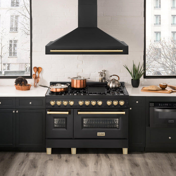 ZLINE Autograph Package - 48 In. Gas Range, Range Hood and Dishwasher in Black Stainless Steel with Gold Accents, 3AKPR-RGBRHDWV48-G