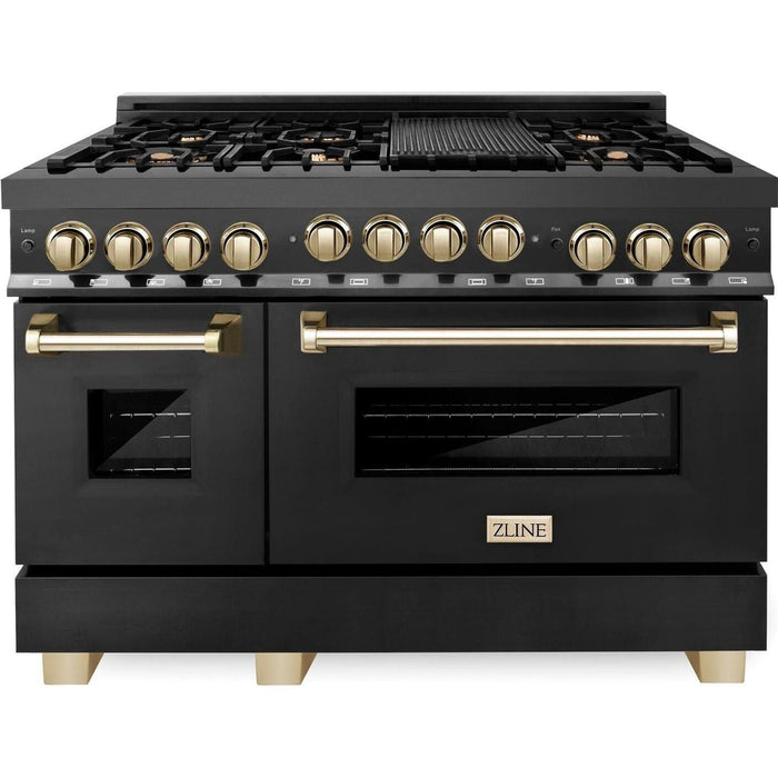 ZLINE Autograph Package - 48 In. Gas Range, Range Hood and Dishwasher in Black Stainless Steel with Gold Accents, 3AKPR-RGBRHDWV48-G