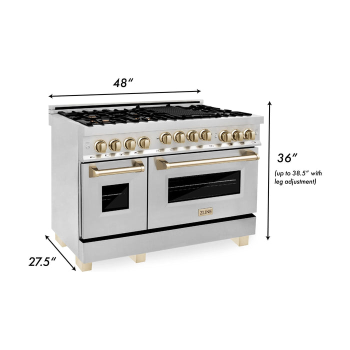 ZLINE Autograph Package - 48 In. Gas Range, Range Hood and Dishwasher in Stainless Steel with Gold Accents, 3AKPR-RGRH48-G