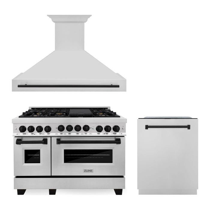 ZLINE Autograph Package - 48 In. Gas Range, Range Hood and Dishwasher in Stainless Steel with Matte Black Accents, 3AKPR-RGRH48-MB