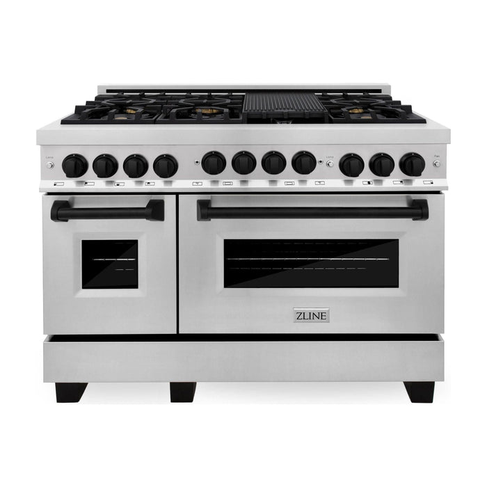 ZLINE Autograph Package - 48 In. Gas Range, Range Hood and Dishwasher in Stainless Steel with Matte Black Accents, 3AKPR-RGRH48-MB