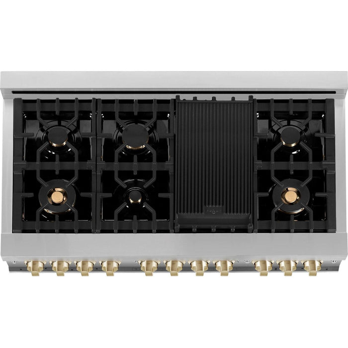 ZLINE Autograph Package - 48 In. Gas Range, Range Hood, and Dishwasher in Stainless Steel with White Matte Door and Champagne Bronze Accents, 3AKPR-RGWMRH48-CB