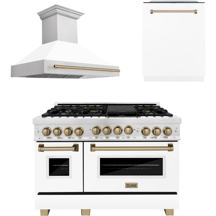 ZLINE Autograph Package - 48 In. Gas Range, Range Hood, and Dishwasher with White Matte Door and Bronze Accents, 3AKPR-RGSWMRHDWM48-CB