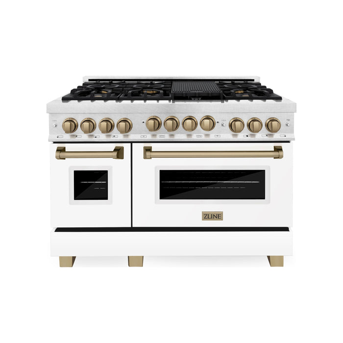 ZLINE Autograph Package - 48 In. Gas Range, Range Hood, and Dishwasher with White Matte Door and Bronze Accents, 3AKPR-RGSWMRHDWM48-CB