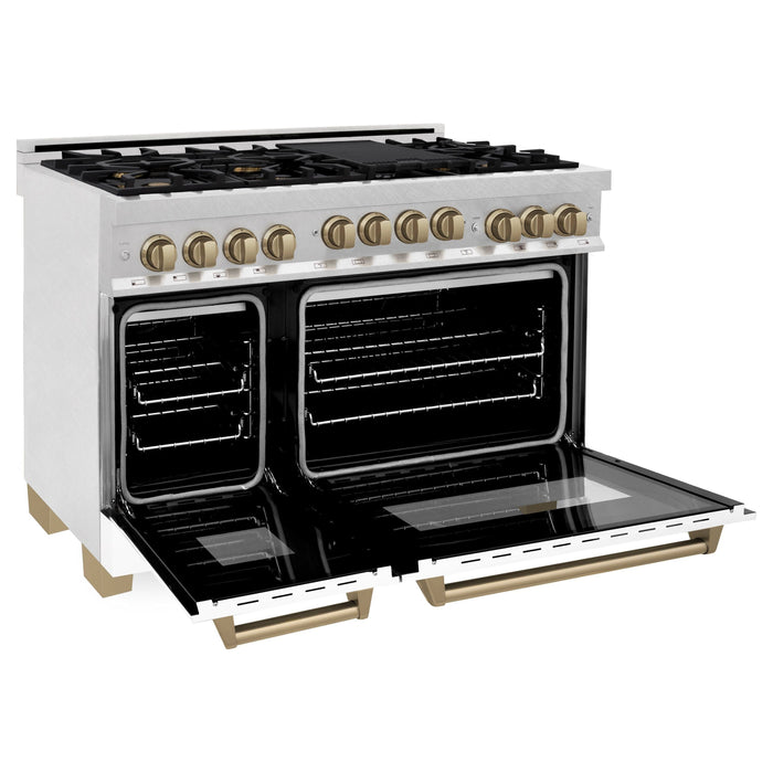 ZLINE Autograph Package - 48 In. Gas Range, Range Hood, and Dishwasher with White Matte Door and Bronze Accents, 3AKPR-RGSWMRHDWM48-CB