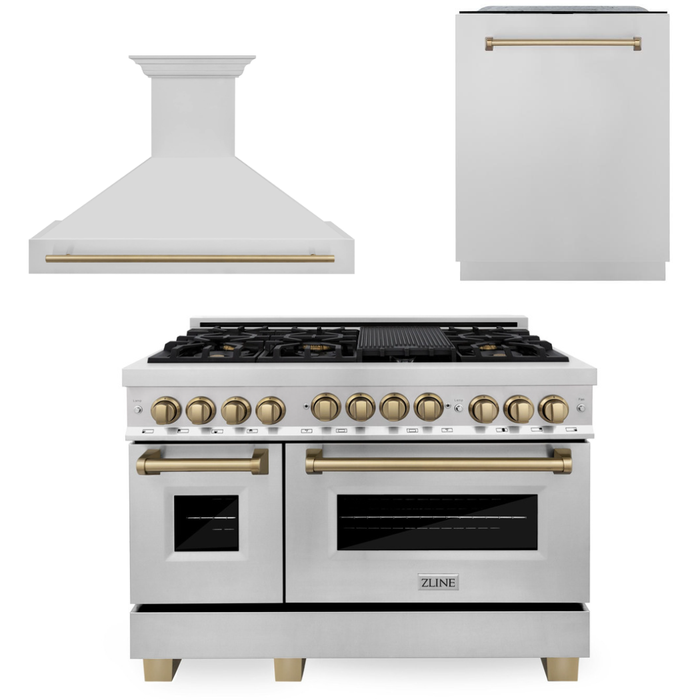 ZLINE Autograph Package - 48 In. Gas Range, Range Hood, Dishwasher in Stainless Steel with Champagne Bronze Accents, 3AKP-RGRHDWM48-CB