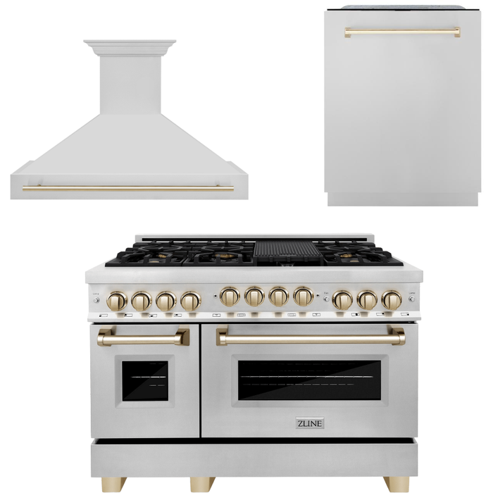 ZLINE Autograph Package - 48 In. Gas Range, Range Hood, Dishwasher in Stainless Steel with Gold Accents, 3AKP-RGRHDWM48-G