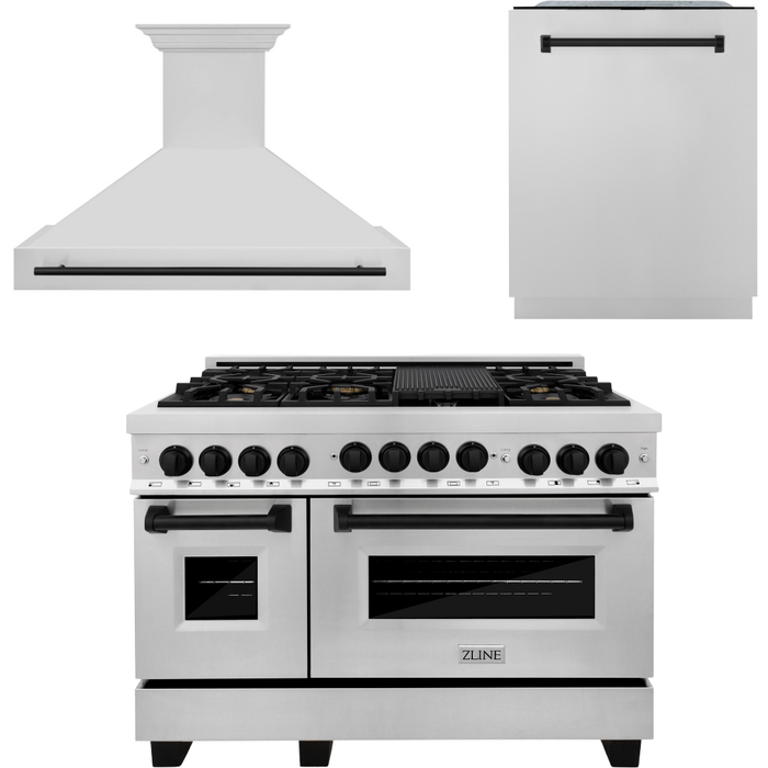 ZLINE Autograph Package - 48 In. Gas Range, Range Hood, Dishwasher in Stainless Steel with Matte Black Accents, 3AKP-RGRHDWM48-MB