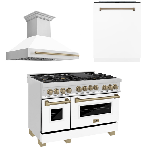 ZLINE Autograph Package - 48 In. Gas Range, Range Hood, Dishwasher in White Matte with Champagne Bronze Accents, 3AKP-RGWMRHDWM48-CB