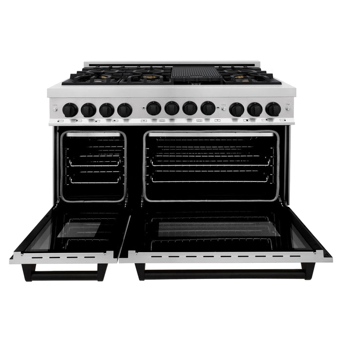 ZLINE Autograph Package - 48 In. Gas Range, Range Hood in Stainless Steel with Matte Black Accents, 2AKP-RGRH48-MB