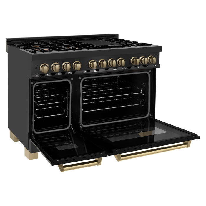 ZLINE Autograph Package - 48 In. Gas Range, Range Hood, Refrigerator, and Dishwasher in Black Stainless Steel with Champagne Bronze Accents, 4AKPR-RGBRHDWV48-CB