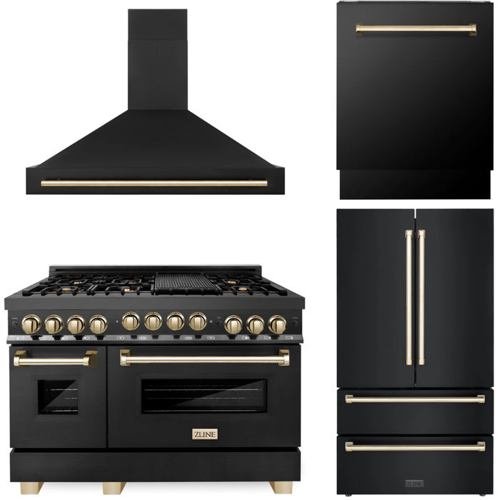 ZLINE Autograph Package - 48 In. Gas Range, Range Hood, Refrigerator, and Dishwasher in Black Stainless Steel with Gold Accents, 4AKPR-RGBRHDWV48-G