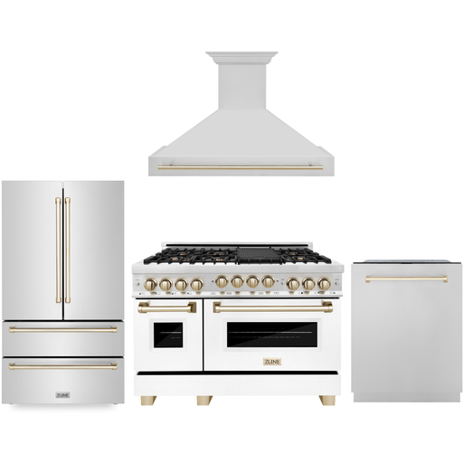 ZLINE Autograph Package - 48 In. Gas Range, Range Hood, Refrigerator, Dishwasher with Gold Accents, 4KAPR-RGWMRHDWM48-G