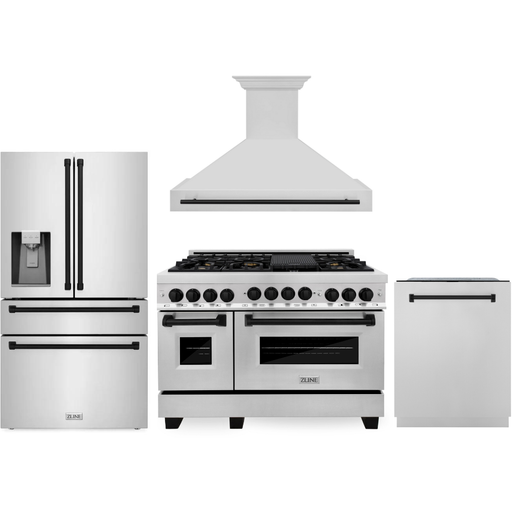 ZLINE Autograph Package - 48 In. Gas Range, Range Hood, Refrigerator with Ice and Water Dispenser, and Dishwasher in Stainless Steel with Matte Black Accents, 4KAPR-RGRHDWM48-MB