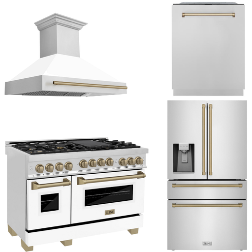 ZLINE Autograph Package - 48 In. Gas Range, Range Hood, Refrigerator with Water and Ice Dispenser, Dishwasher in Stainless Steel with Champagne Bronze Accents, 4AKPR-RGWMRHDWM48-CB