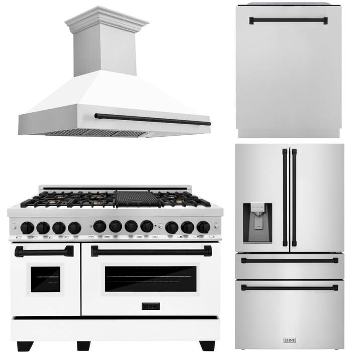 ZLINE Autograph Package - 48 In. Gas Range, Range Hood, Refrigerator with Water and Ice Dispenser, Dishwasher in Stainless Steel with Matte Black Accents, 4AKPR-RGWMRHDWM48-MB