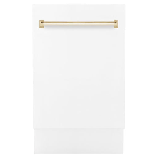 ZLINE Autograph Series 18 In. Dishwasher in White Matte with Gold Handle, DWVZ-WM-18-G