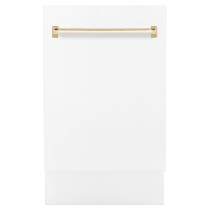 ZLINE Autograph Series 18 In. Dishwasher in White Matte with Gold Handle, DWVZ-WM-18-G