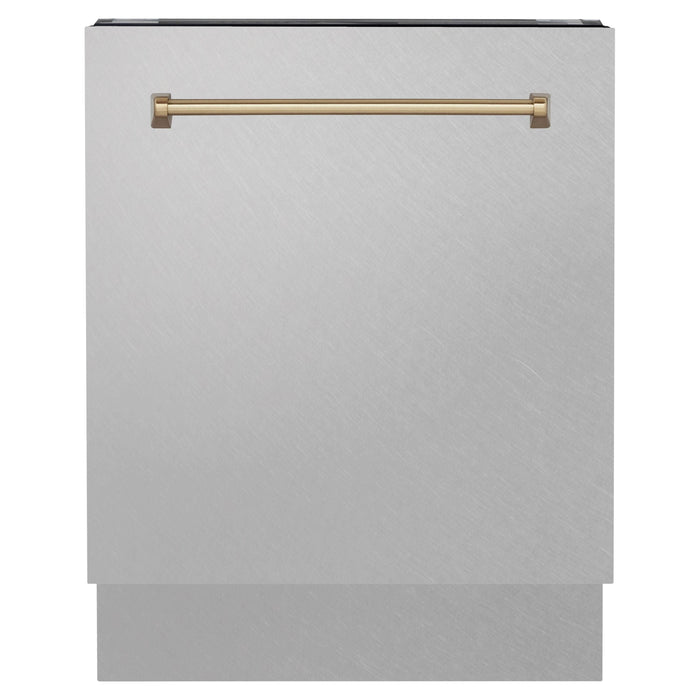 ZLINE Autograph Series 24 inch Tall Dishwasher In DuraSnow Stainless Steel with Champagne Bronze Handle DWVZ-SN-24-CB