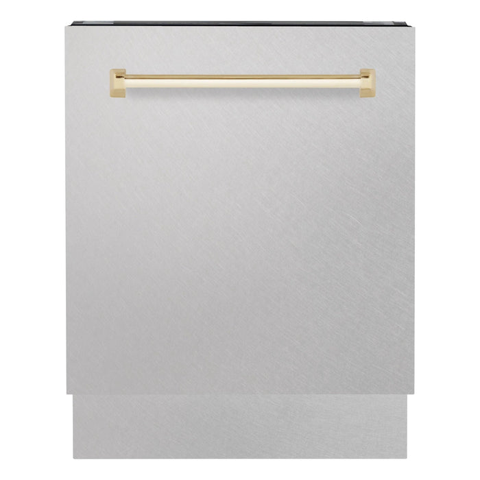 ZLINE Autograph Series 24 inch Tall Dishwasher In DuraSnow Stainless Steel with Gold Handle DWVZ-SN-24-G