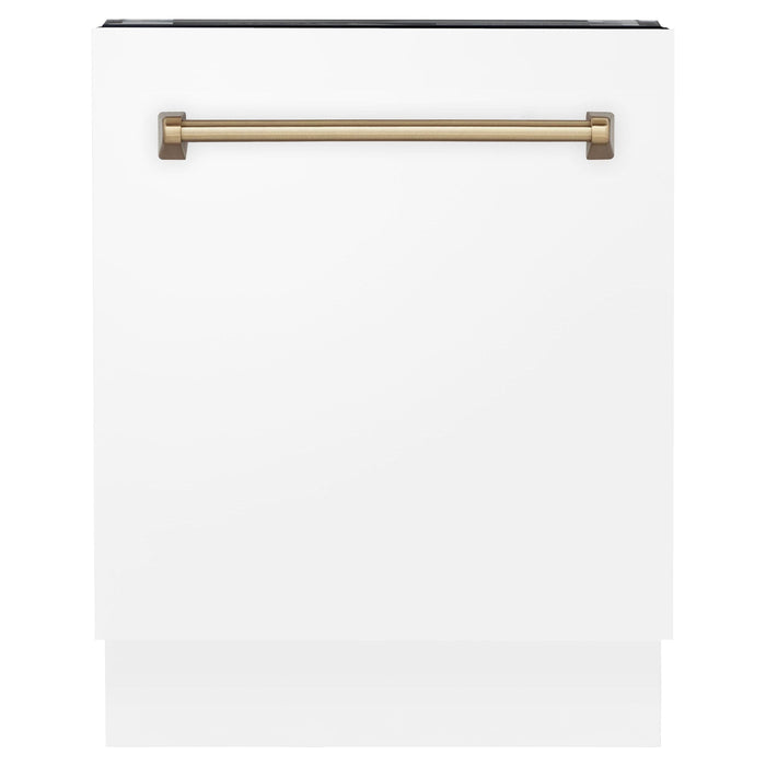 ZLINE Autograph Series 24 inch Tall Dishwasher in White Matte with Champagne Bronze Handle, DWVZ-WM-24-CB