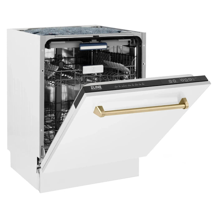 ZLINE Autograph Series 24 inch Tall Dishwasher in White Matte with Champagne Bronze Handle, DWVZ-WM-24-CB