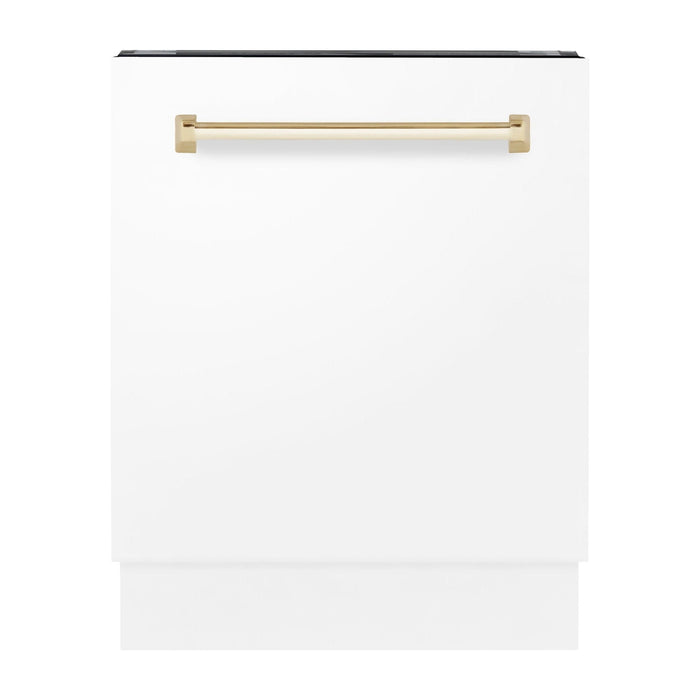 ZLINE Autograph Series 24 inch Tall Dishwasher in White Matte with Gold Handle, DWVZ-WM-24-G